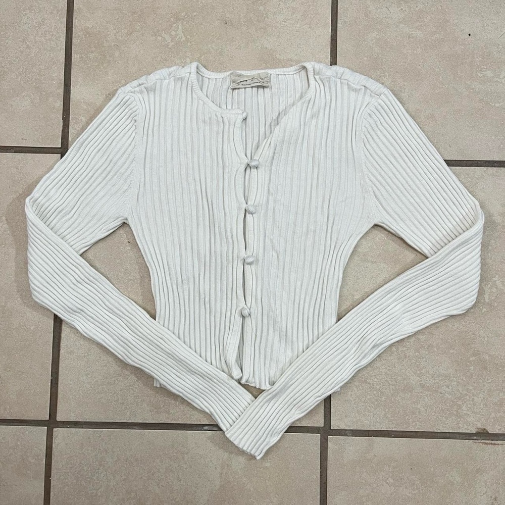 White Ribbed Button-Up Women's Top